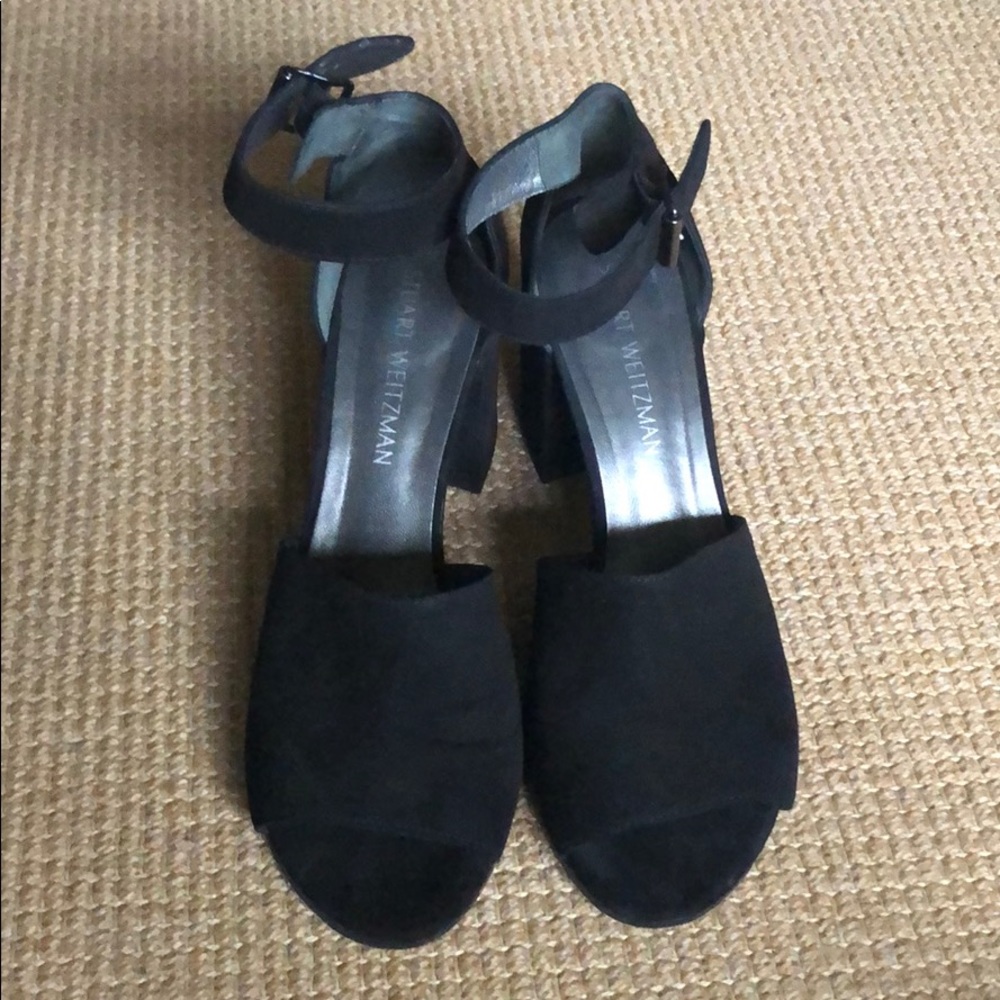 Stuart Weizmann suede block heel sandal.